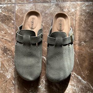 Olive Green Suede Mules